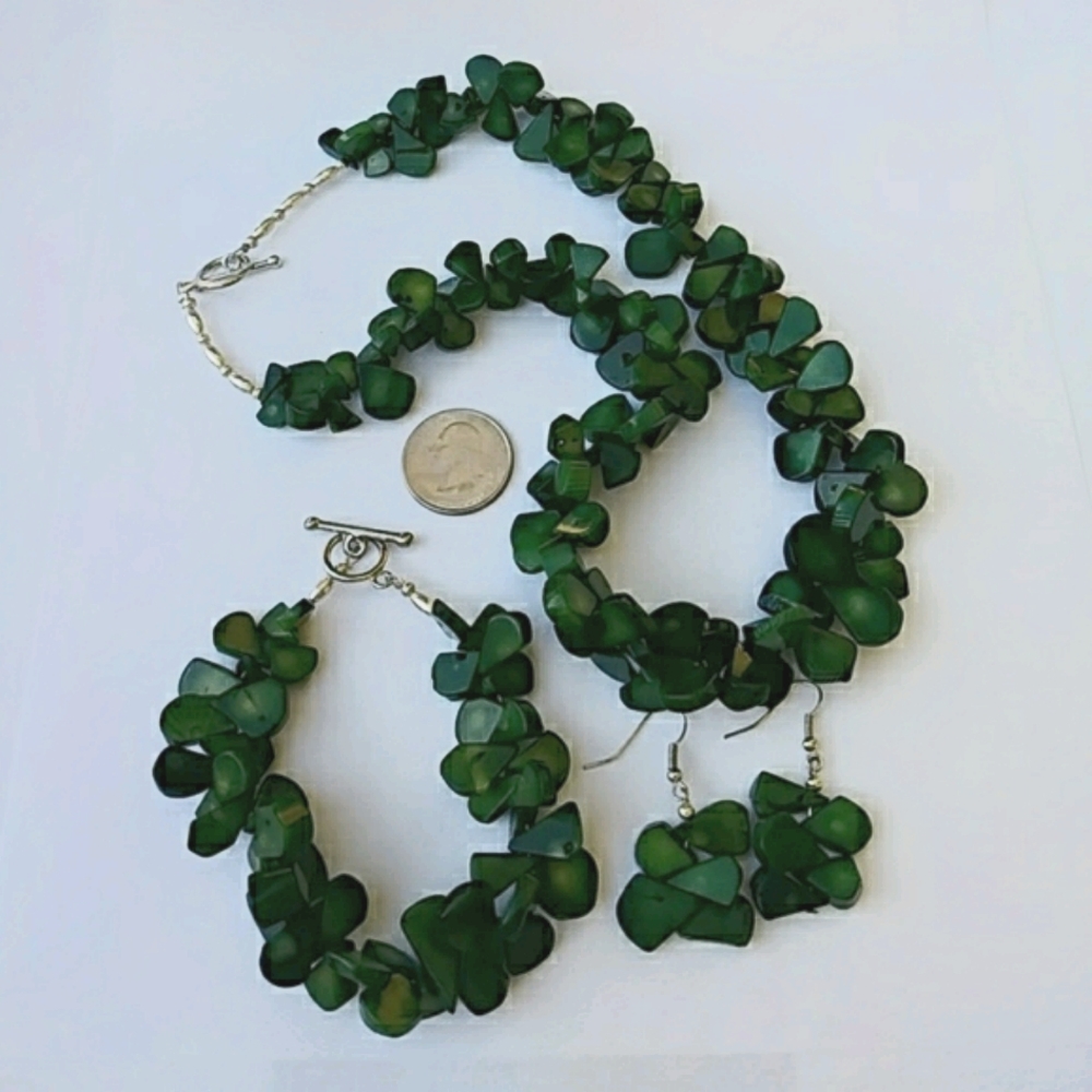 Set of 3 Flat Teardrop Emerald Green Agate? Necklace Earrings Bracelet Parure - Picture 5 of 12